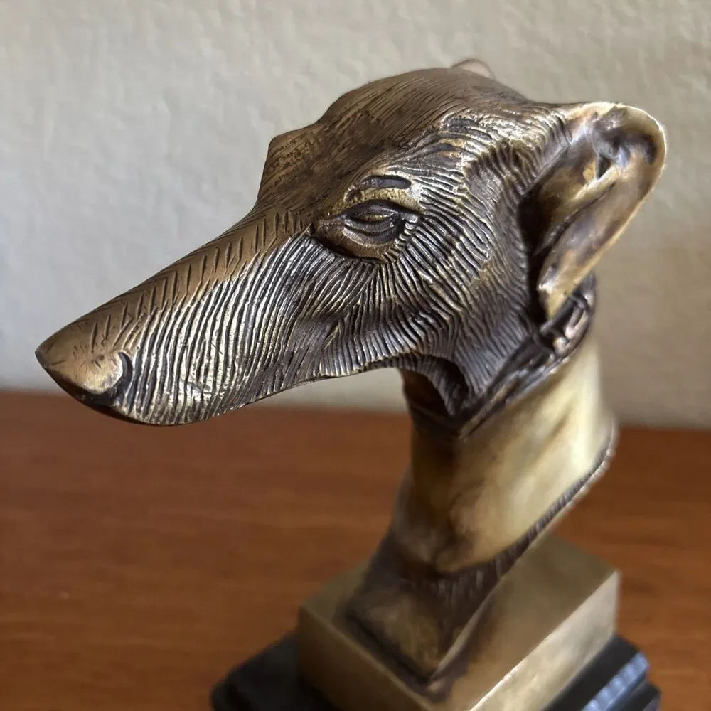 Vintage Brass Greyhound Bust Sculpture Wood Base Whippet Dog Bookend 8”